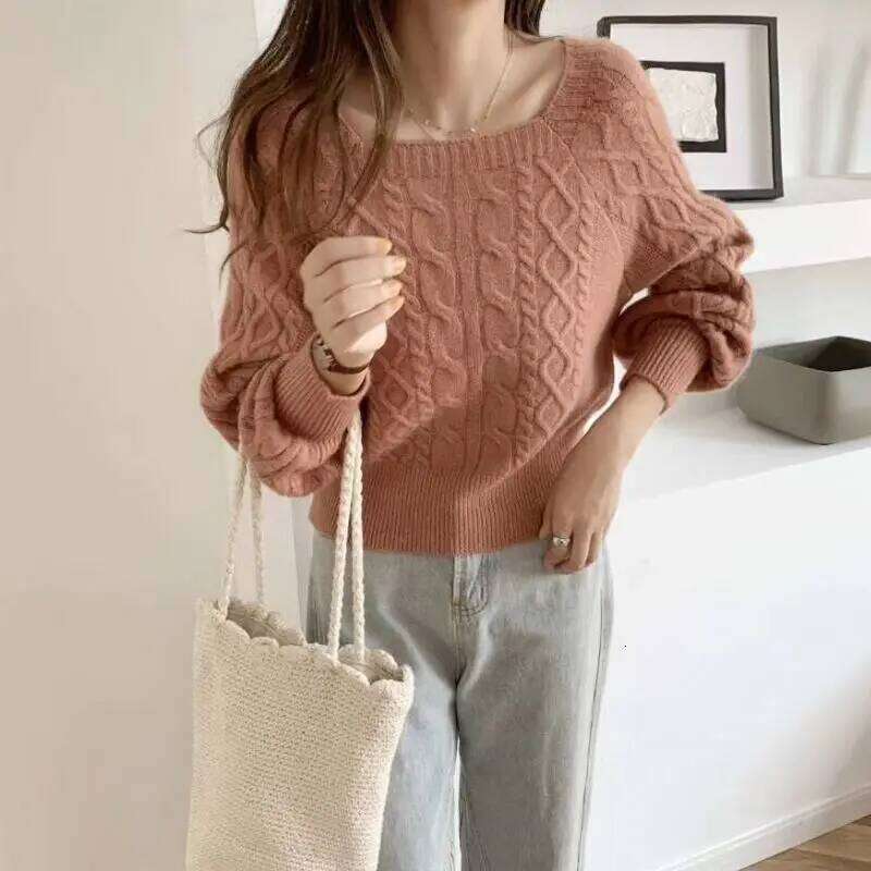Elegant Square Neck Women's Retro Thickened Fried Dough Twists Sweater Autumn and Winter New Korean Style Loose Knit Top XJ260305