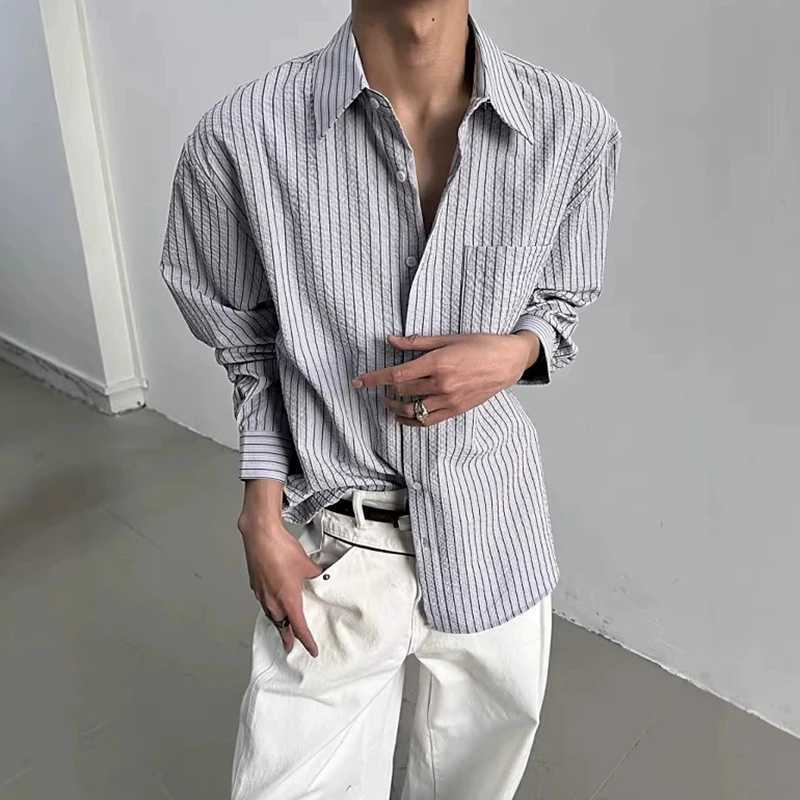 Streetwear Vintage Mens Striped Print Shirt 2026 Spring Autumn Trendy Long Sleeve Textured Shirts Men Casual Button Lapel Shirts M260305