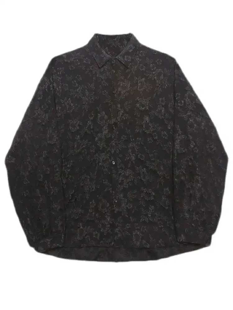 2XL White New Crumpled Jacquard Shirt Loose Fashion Solid Color Casual Turn-down Collar Top New All-match Bat Wing Sleeve P7W M260305