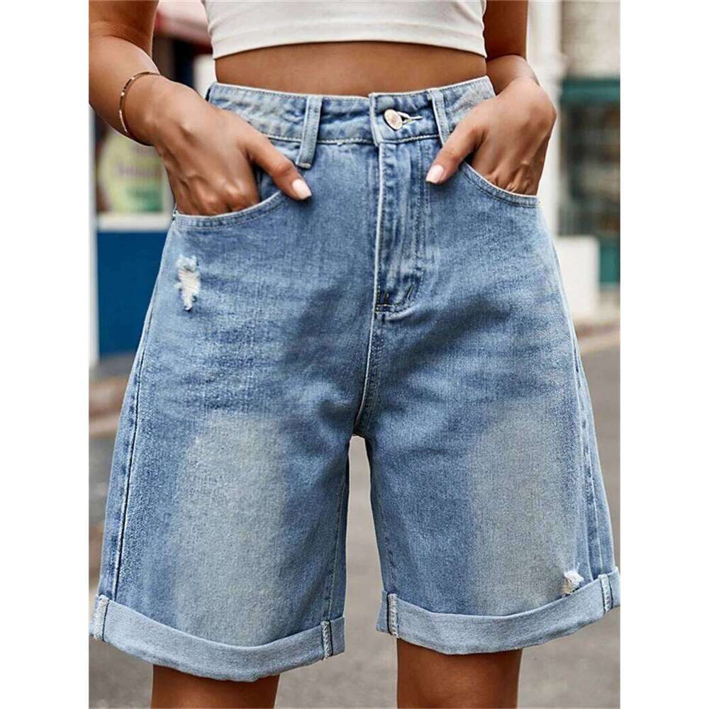 Streetwear Shorts Summer Clothes Women 2025 Knee Length Denim Straight Leg Trousers Female Casual Ripped Jeans Short Pants XJ260305