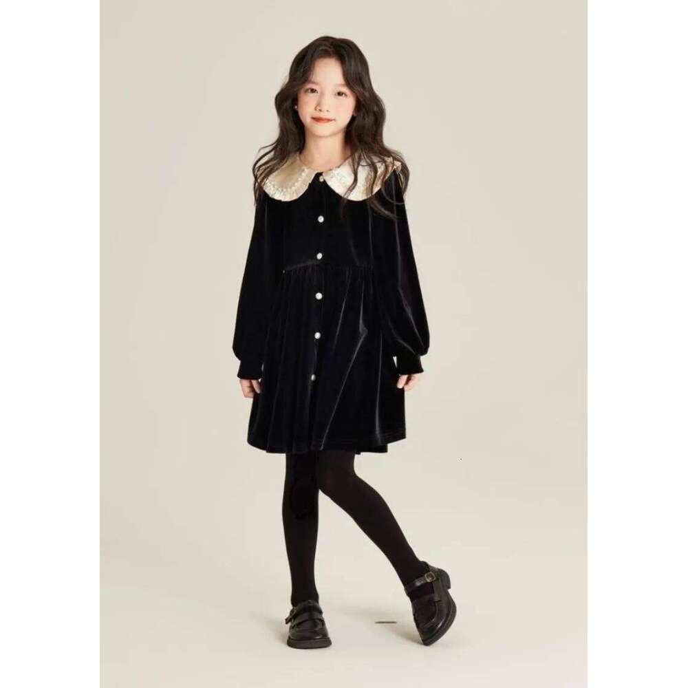 Girls' Autumn/Winter High-end Fleece-lined Velvet Elegant Black Princess Gown Dress - 4-12 Years Old Z260304