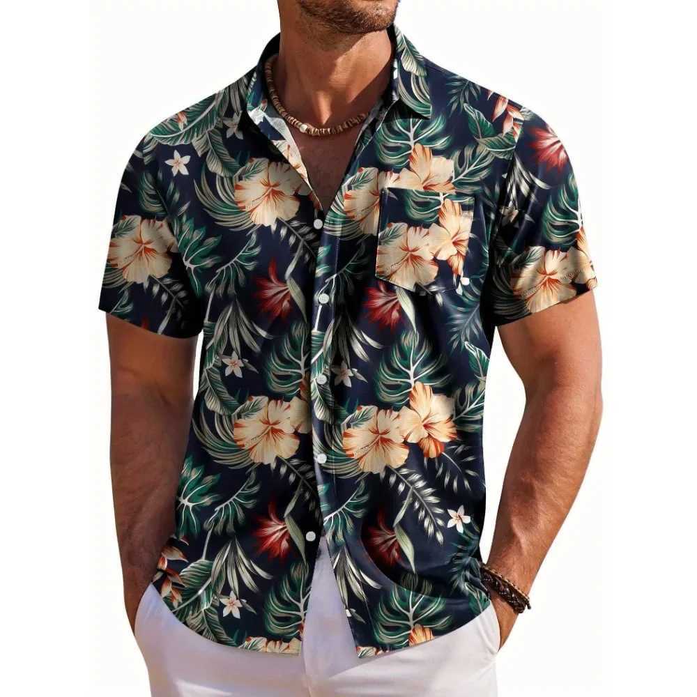 Mens Short Sleeve Shirt Hawaiian Botanical Flower Print Lapel Seaside Button-Down Shirt Top Casual Fashionable Shirts M260305