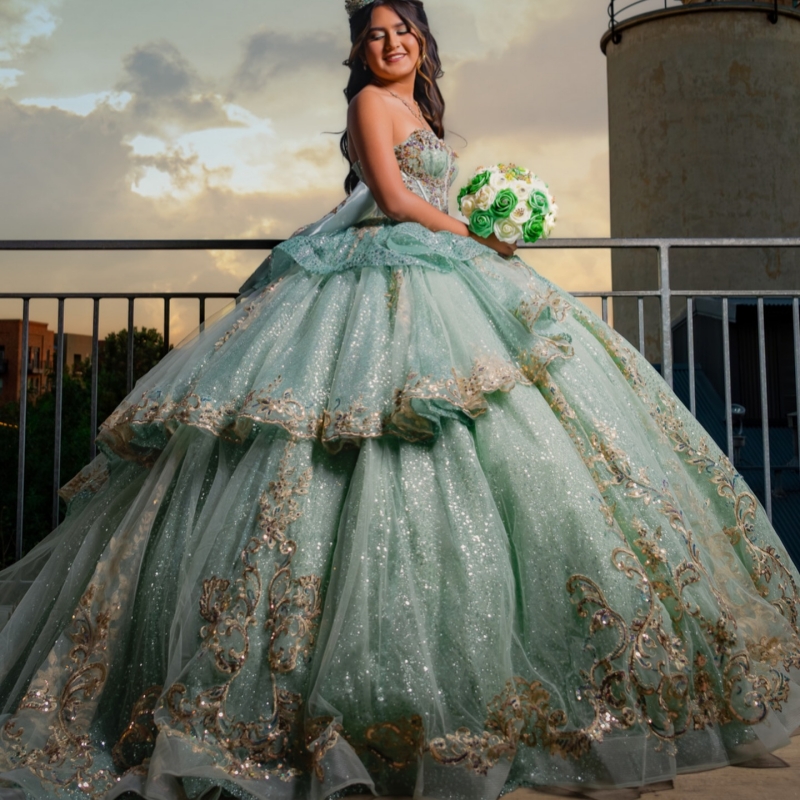 Mint Green Shiny Quinceanera Dresses Ball Gown Off The Shoulder Gold Applique Lace Beading Crystal Bow Tull Corset Party Birthday Sweet 16 Dress Vesti