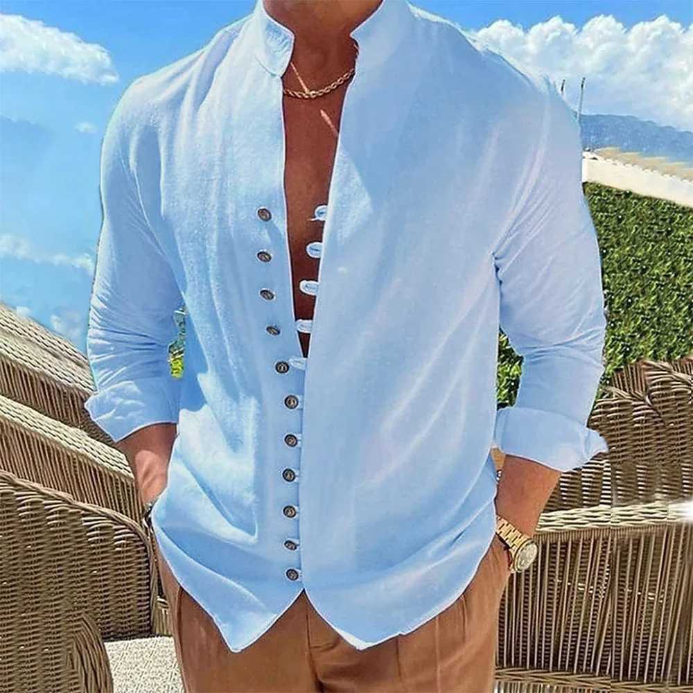 Spring and Autumn Cotton Linen Shirt Men Hot Sale Mens Long-Sleeved Shirts Solid Color Button Up Casual Style Plus Size M260305