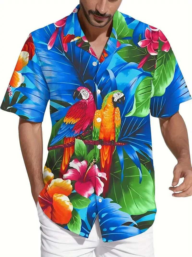Mens Vibrant Parrot Tropical Floral Print Hawaii Shirts Casual Short Sleeve Button Up Beach Shirt for Men Summer Vacations M260305