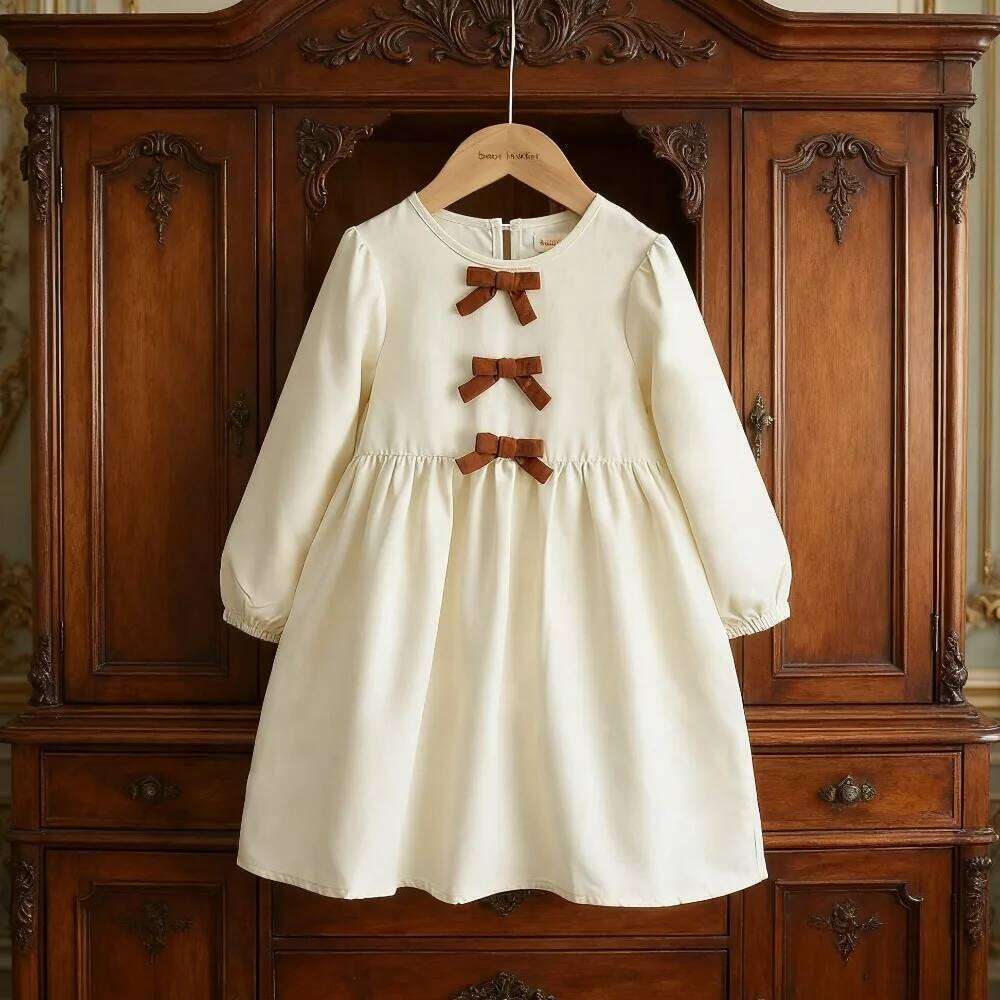 Beige Girls Dresses Autumn Long Sleeved Bow Decoration Princess Dress Fashionable and Simple Children's Casual Wear Z260304