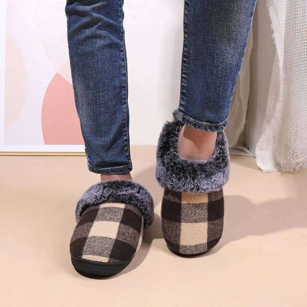 Kidmi Indoor Lattice Wool Comfortable Warm Fleece Winter Non-slip Thickened Home Cotton Slippers