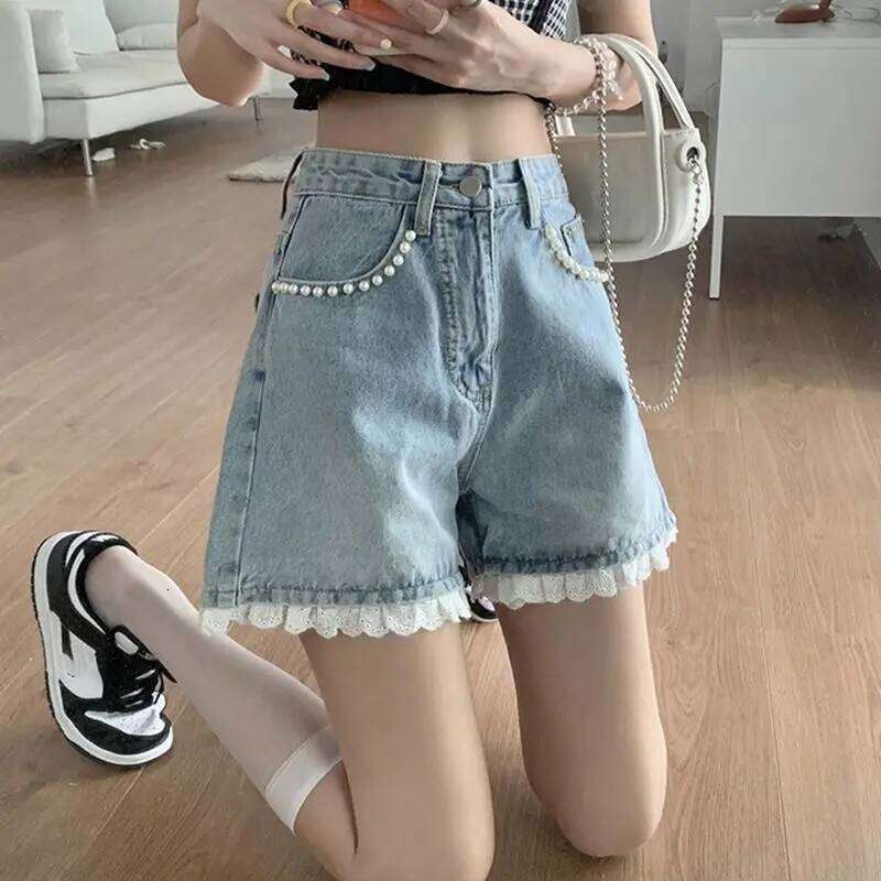 Summer Lace Trimmed Patchwork Women's Denim Short Pants 2025 High Waist Casual Loose thin Jeans Wide Leg Shorts Retro for Women XJ260305