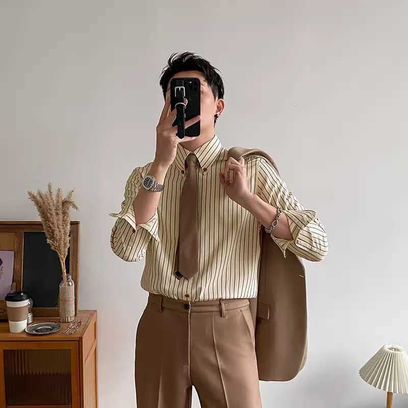 Retro Shirt Striped Slim Fit Mens Business Casual Korean Long-sleeved Shirt Top M260305