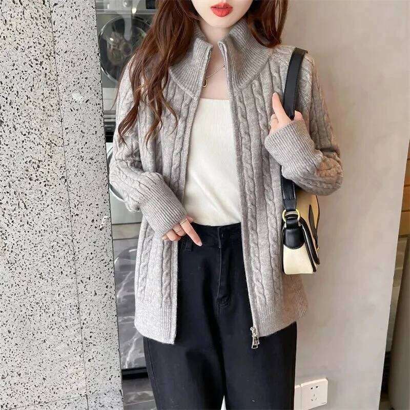 2025 Winter New Thick Turtleneck Cashmere Knitted Cardigan Women Casual Knit Loose Wool Sweater Female Tops XJ260305