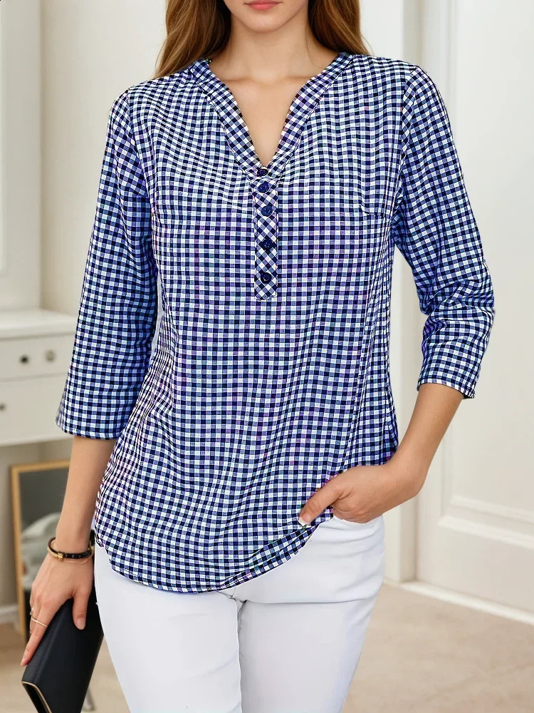 Plus Size Spring Autumn Women Fine Plaid Fashion Long Sleeve VNeck Blouse Slim Fit Temperament Top Belly Covering Small Shirts 260228