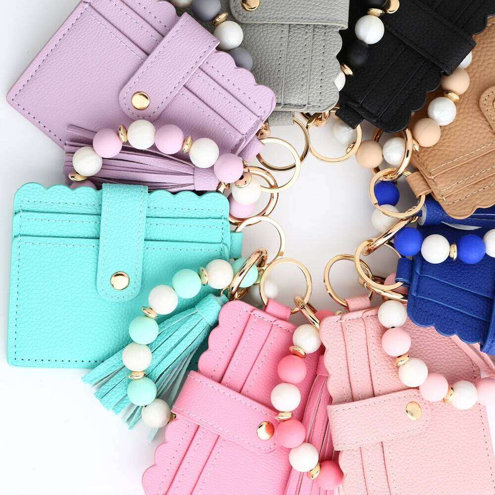 2024 Bead Solid Card Bag Wristlet Keychain Silicone Beaded Bracelet Leather Tassel Wallet Bangle C260304