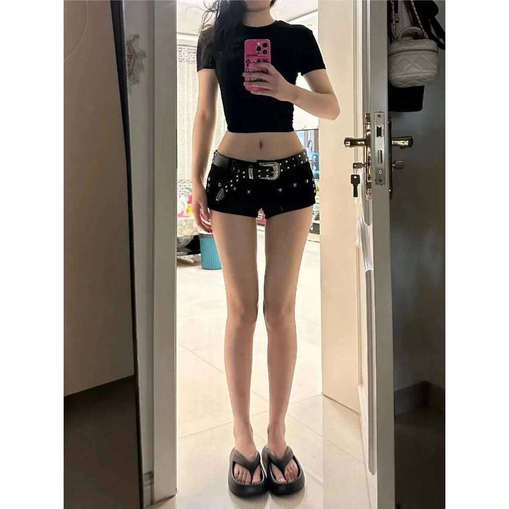 Y2k American Vintage Short Denim Shorts Women Casual Rivet Sexy Streetwear Bodycon Dark Distressed Zipper Solid Color Summer XJ260305