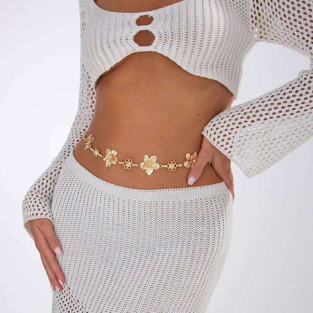 Women Waist Body Jewelry Metal 3D Flower Belly Chain for Party Wedding Festival S260304