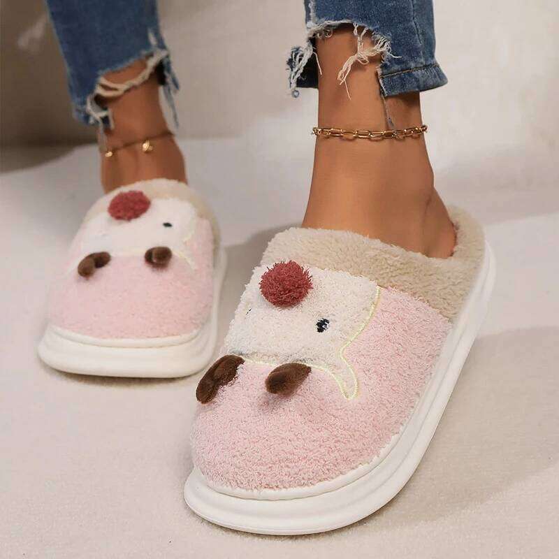 Kidmi Women's New Soft Plush Warmed Fleece Thickened Cotton Slippers Popular Deer Antler Pattern Cartoon Shoes