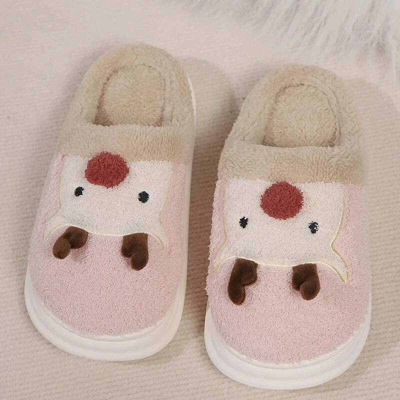 Kidmi Women's New Soft Plush Warmed Fleece Thickened Cotton Slippers Popular Deer Antler Pattern Cartoon Shoes