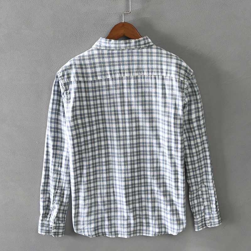 2026 Spring Autumn New Men Shirts Casual Plaid Long Sleeve Cotton Shirt Thick Retro Multi-pocket Blue Workwear M260305