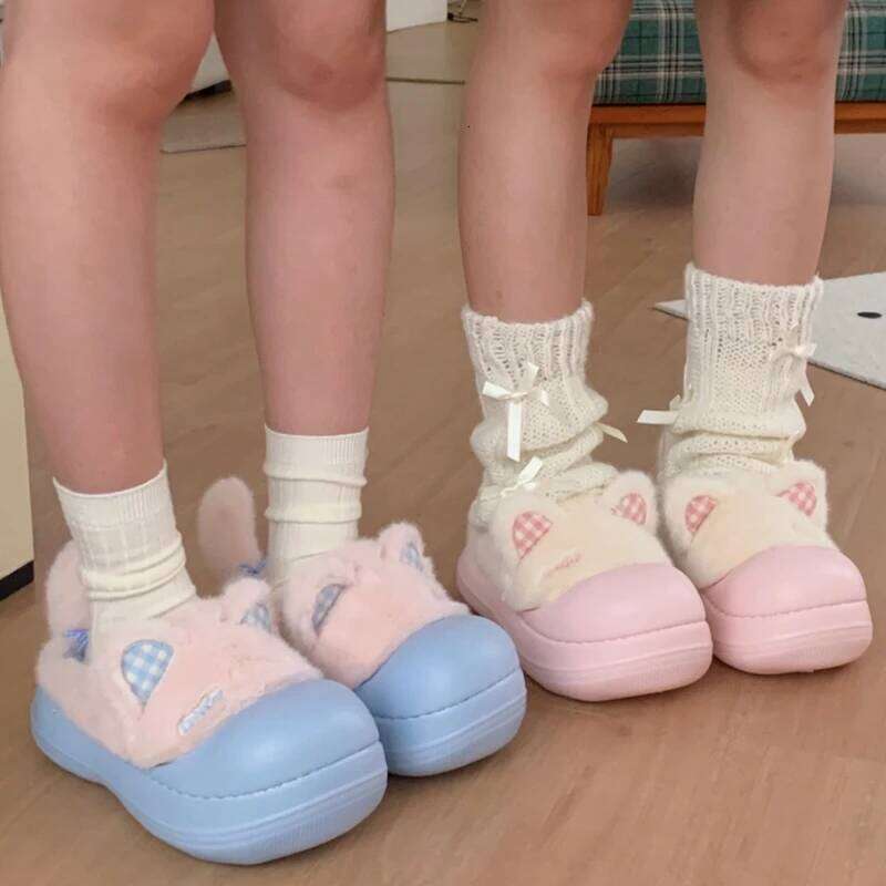 Cute Cartoon Cat Waterproof Fluffy Slippers For Girls Street Warm Shoes Soft EVA Anti-slip Women Home Daily Cotton Slipper
