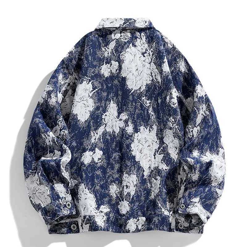 Streetwear Mens Casual Shirt Jacket Trendy Jacquard Coat Oil Painting Effect Hong Kong Style Retro Workwear Outerwear M260305