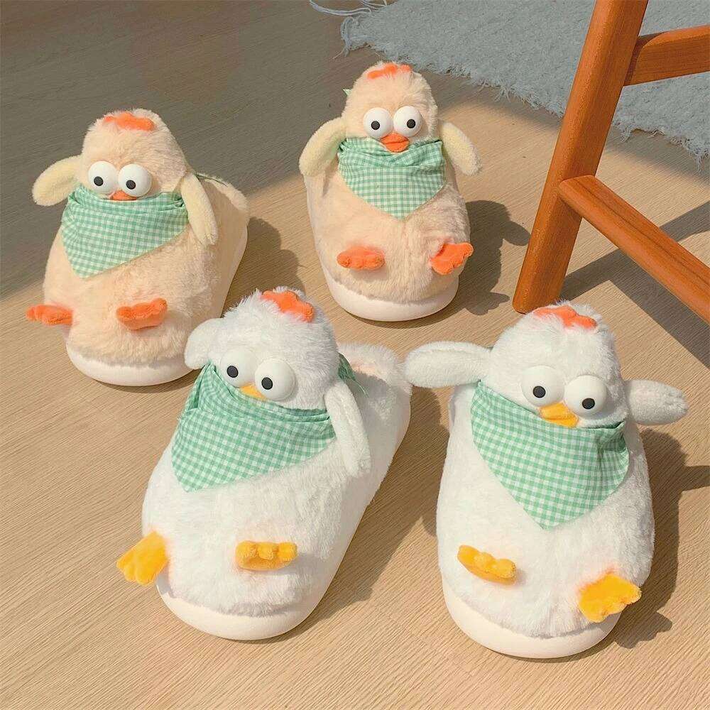 Women Indoor Fluffy Slippers Cute Cartoon Chicken Winter House Shoes Warm Plush Anti-slip Female Home Floor Cotton Slides