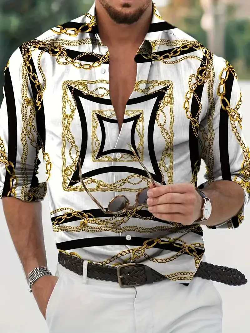 Mens gold chain printed casual shirt button style long sleeved spring versatile lapel luxurious fashion long sleeved shirt for M260305
