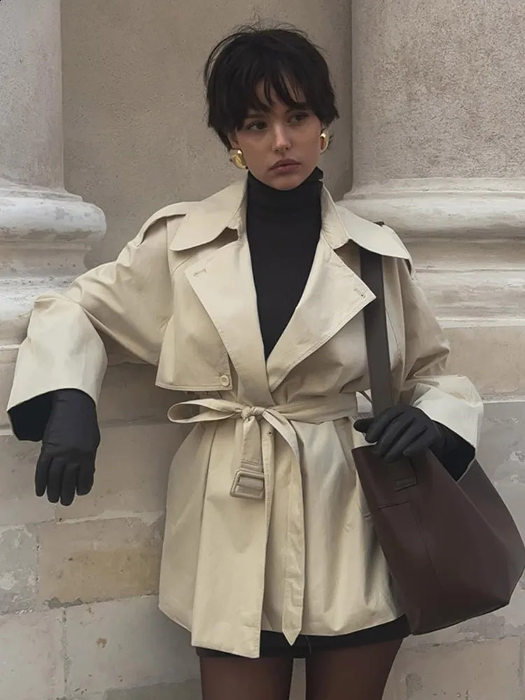Womens Fashion Solid Windbreaker Lapel Full Sleeve Button With Belt Loose Coat 2025 Office Lady Daily Commute Overcoats 260228