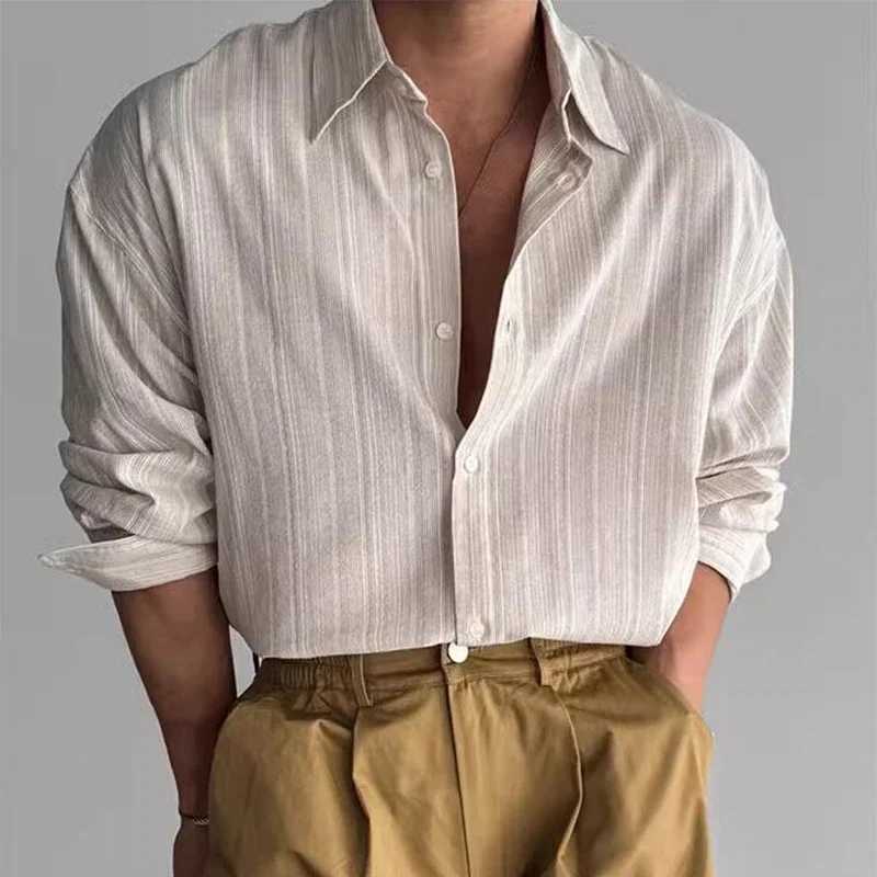 Vintage Mens Striped Printed Shirt Long Sleeve Turn-down Collar Buttoned Shirts Autumn New Casual Slim Fit Men Cardigan Shirts M260305