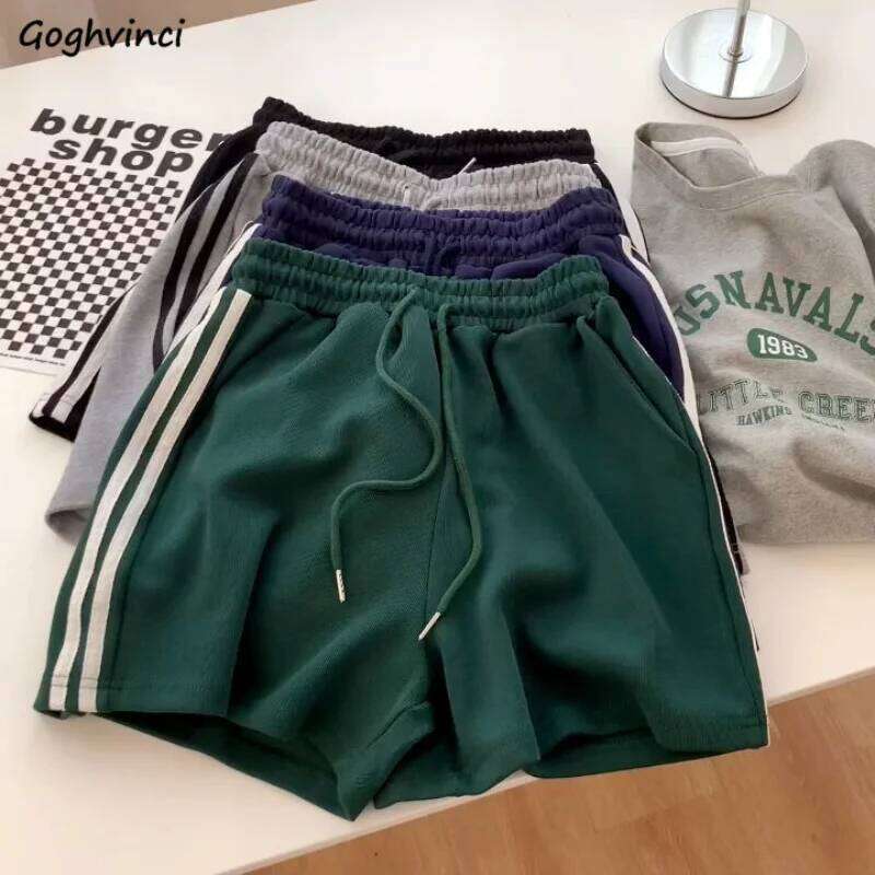 Side-stripe Sporty Shorts Women Vintage Loose Casual Minimalist High Waist Fashion All-match Summer Thin Jogging Korean Version XJ260305