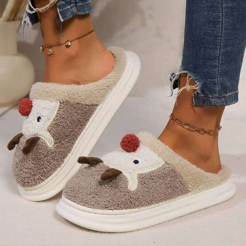 Kidmi Women's New Soft Plush Warmed Fleece Thickened Cotton Slippers Popular Deer Antler Pattern Cartoon Shoes
