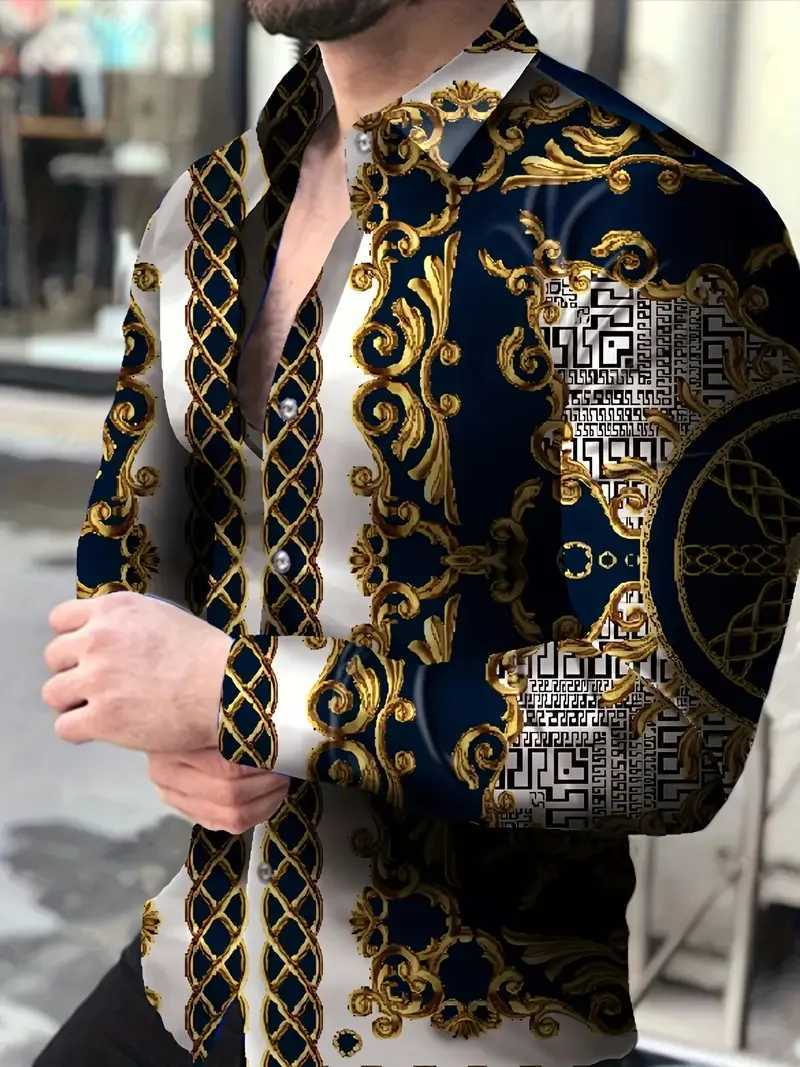 Mens gold chain printed casual shirt button style long sleeved spring versatile lapel luxurious fashion long sleeved shirt for M260305