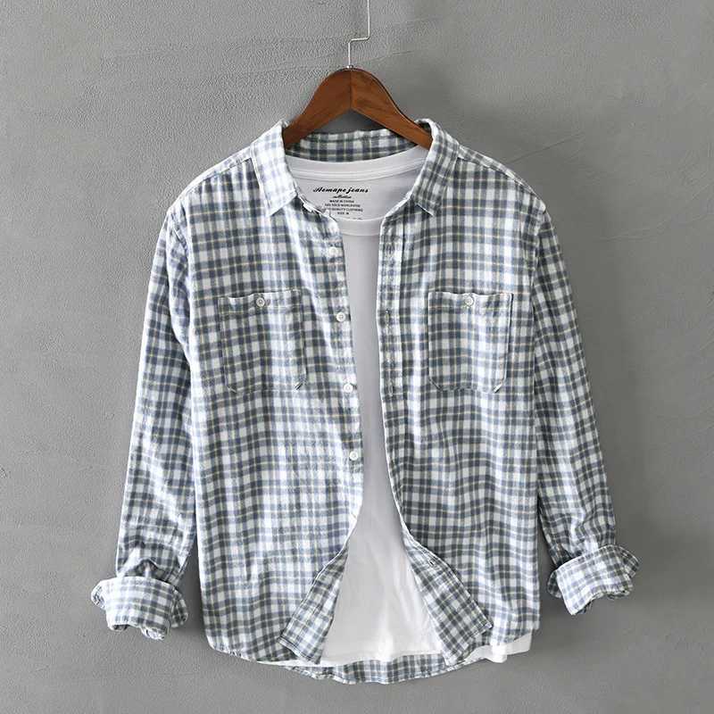 100 Cotton Shirts Grey Plaid Shirt For Men Korean 2022 Fall Casual Long Sleeve Pocket Tops Shirts M260305