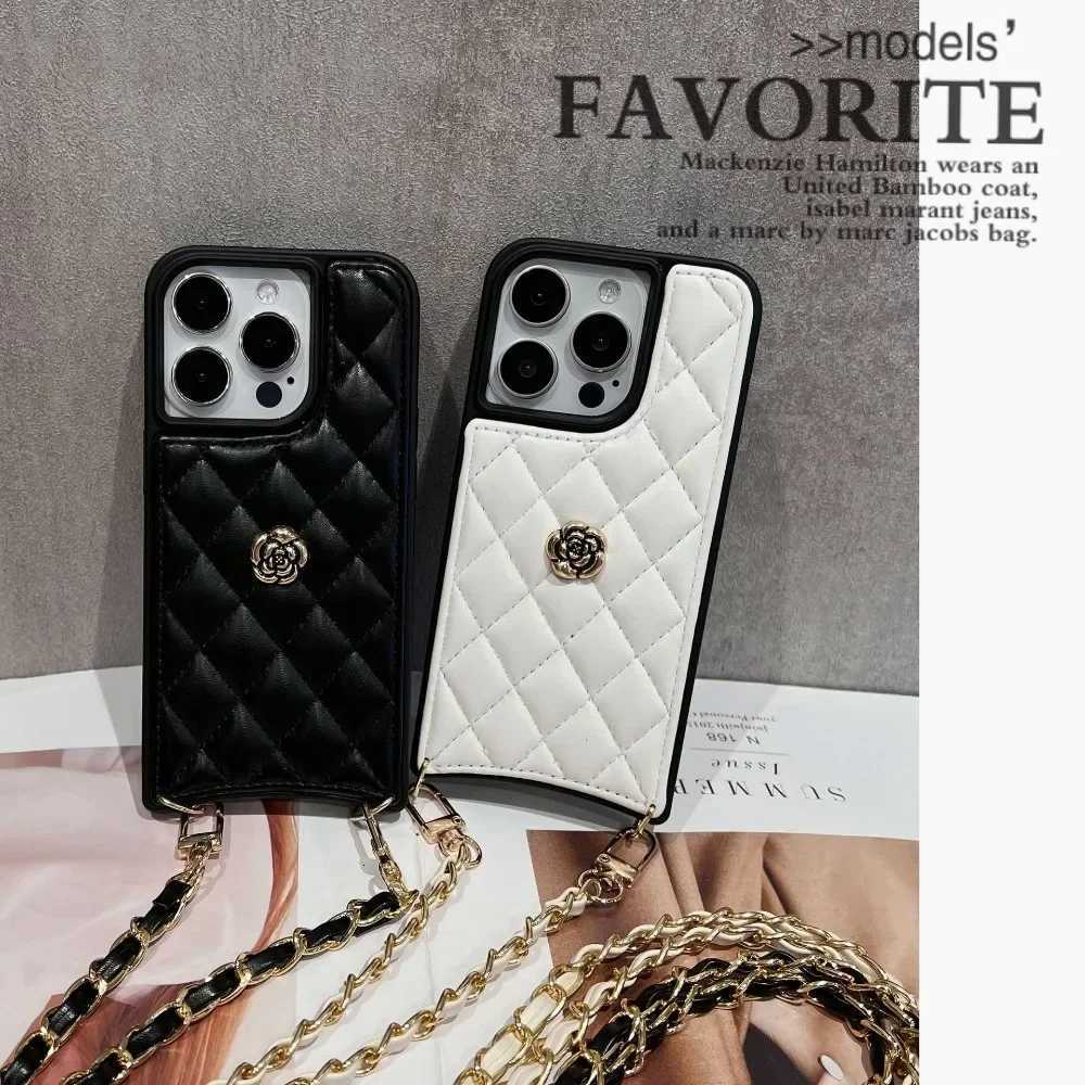 Luxury Quilted Faux Leather Crossbody Case For iPhone 15 Plus 14 13 12 Pro Max | Camellia Charm with Shoulder LanyardT260305