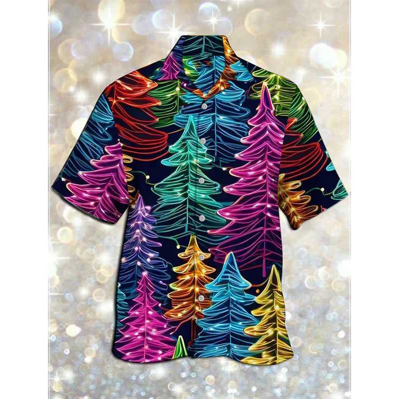 3D Print Neon Theme Christmas Tree Graphic Hawaiian Shirts New Year Merry Christmas Short Sleeve Button Shirt Xmas Trend New Tee M260305