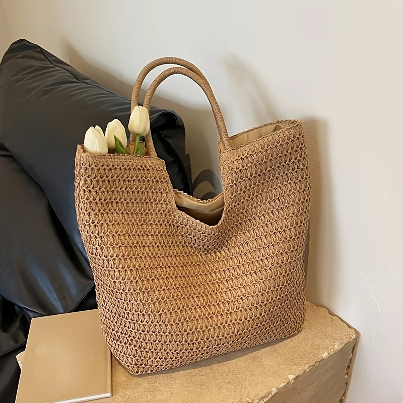 Chic Large Capacity Paper Woven Straw Tote Handbag for Women Summer Woven Beach Shoulder Bag with Zip Closure 260303