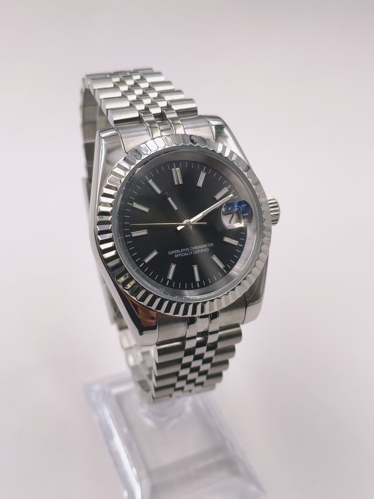 Self Made Diy NH35 Movement Sliver Watch Mod 39mm 316L Case 20mm 904L Strap green luminous Hands sapphire glass Fit NH35 movement strip nail Black 28.