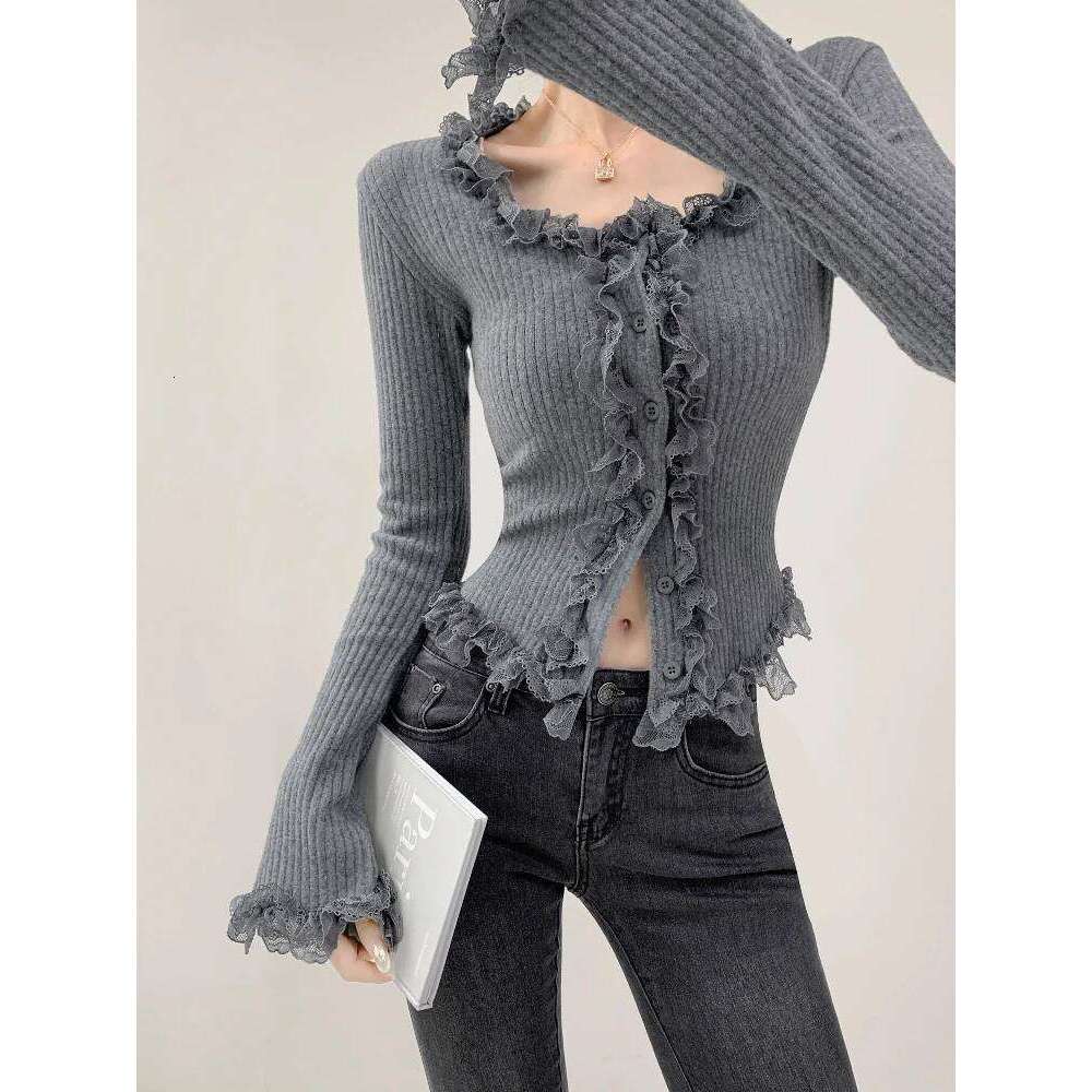 2025 Square Collar Lace Edge Splicing Long Sleeve Knitted Sweater Women's Retro Short Style Slim Tops Single-breasted Cardigan XJ260305