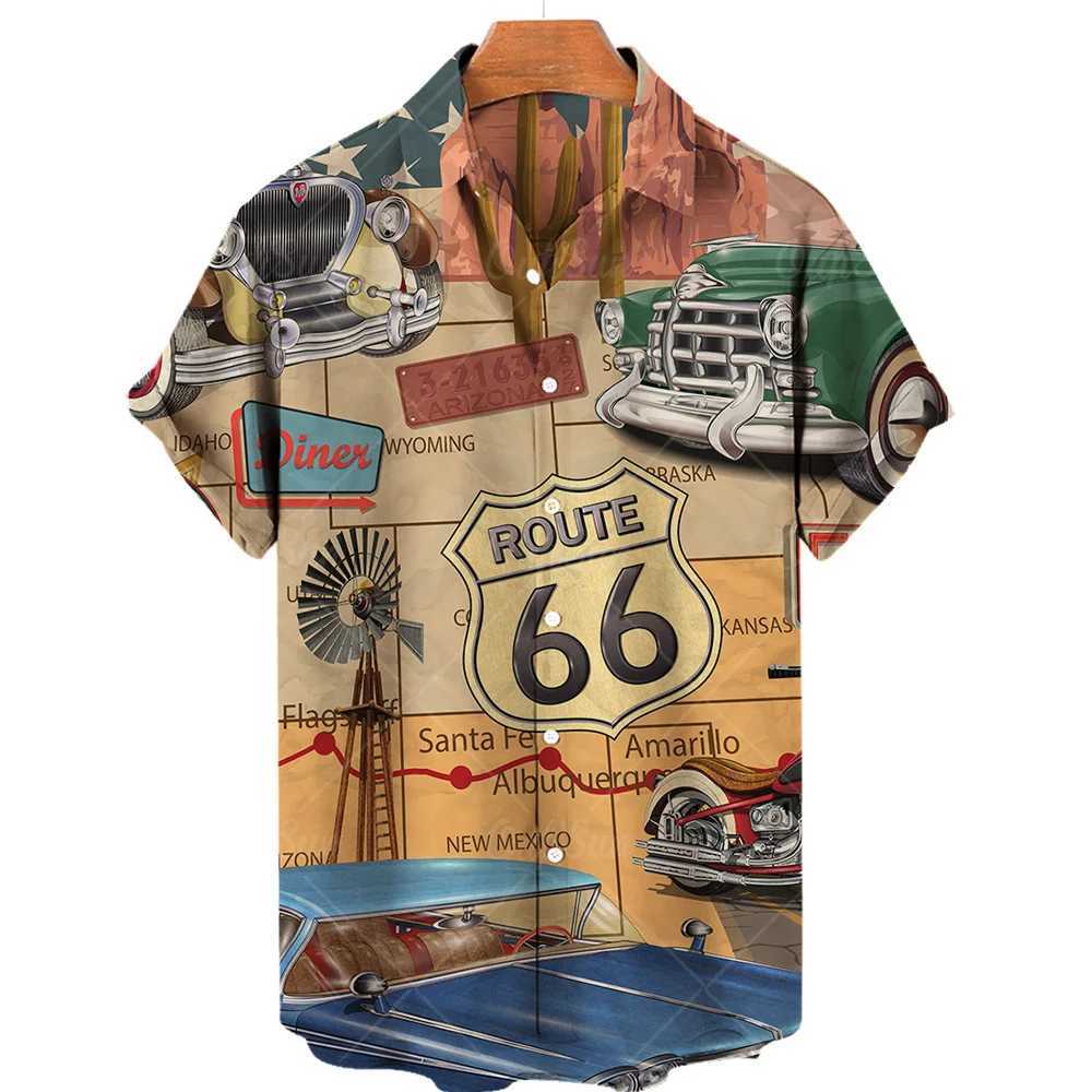 Hawaiian New Mens Shirt Route 66 Street Classic 3d Printed Short Sleeve Tee Rock Music Lapel Plus Size Man Top Vintage Clothes M260305