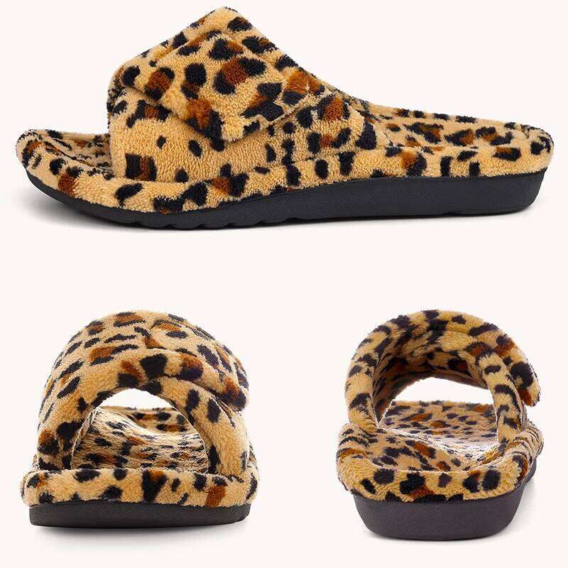 Kidmi New Women Leopard Print Cotton Coral Fleece Orthopedic Slippers with Arch Support Adjustable Open Toe House Shoes