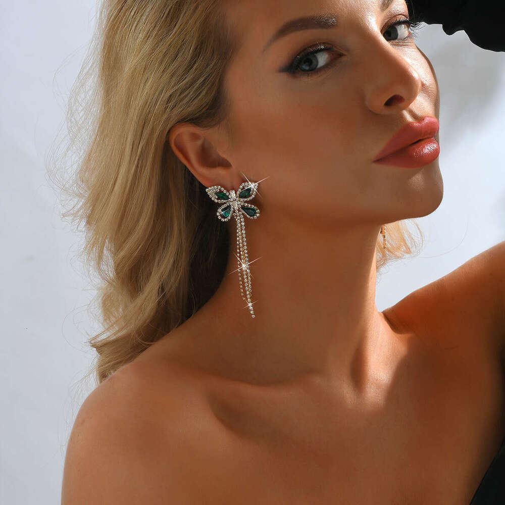 European American Light Luxury Full Diamond Butterfly Tassel Earrings Women's Stud And Drop Earrings