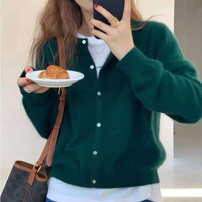 2026 Korean Knitted Cardigan Women's Autumn Winter Fashion O-Neck Versatile Slimming Basis Sweater Long Sleeve Vintage Y2k Tops XJ260305