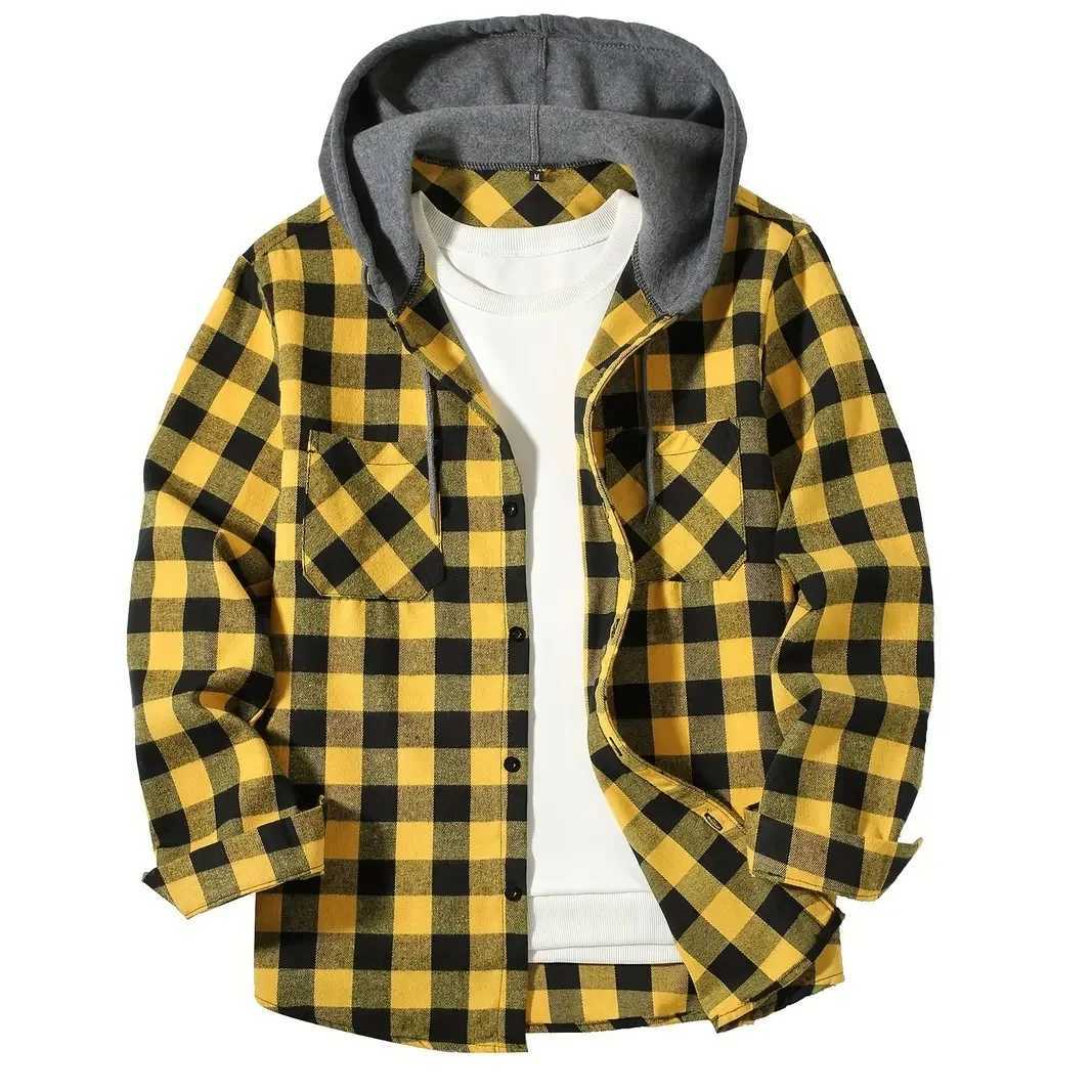 Mens Shirts Classic Plaid Casual Button Down Hooded Long Sleeved Double Pockets Shirt Hoodie Flannel Jacket Spring Autumn Tops M260305