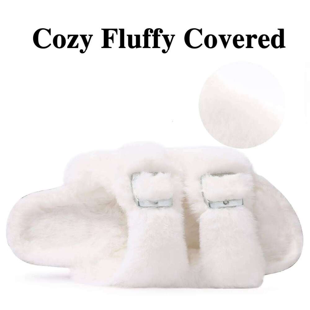 Kidmi New Fashion For Women Indoor Fluffy Slippers With Adjustable Metal Buckle Arch Support Comfort Cork Insole Slides