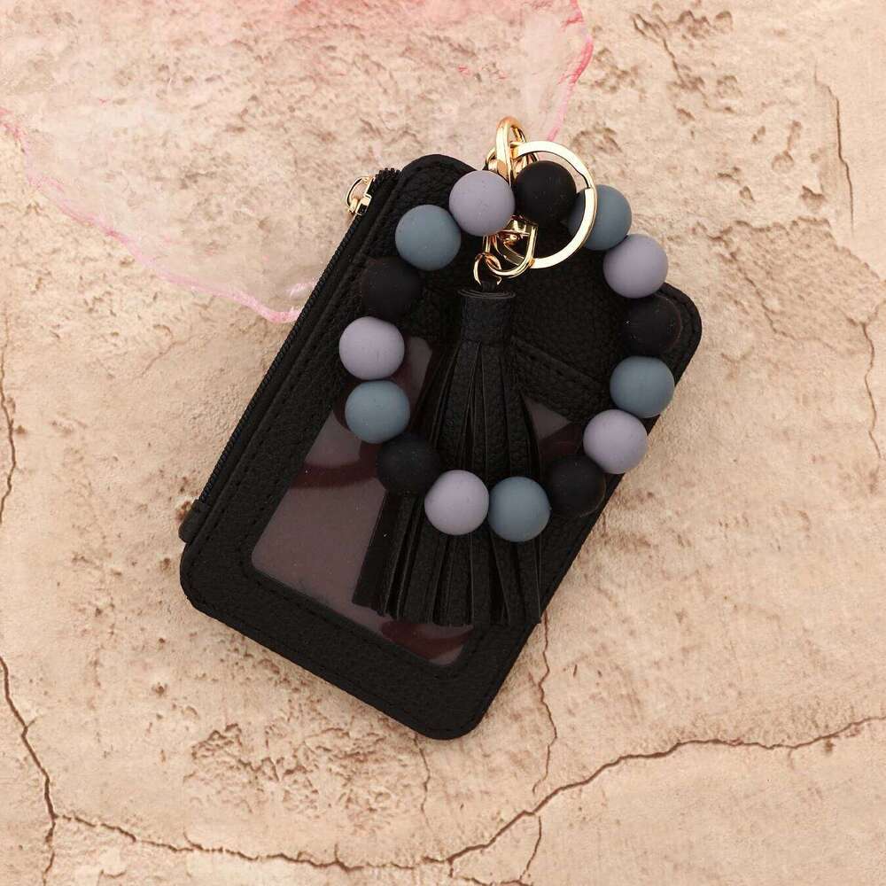 2025 Silicone bead pu leather key chain wristlet id credit card holder keychain wallet for women with bangle bracelet C260304