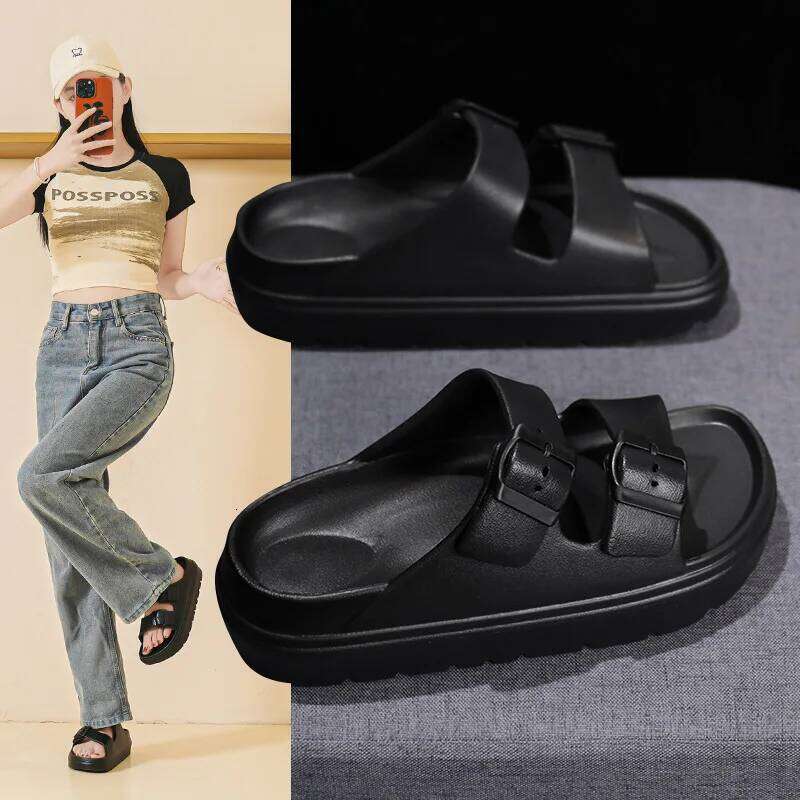 Kidmi Fashion Women Summer Beach EVA Flat Sandals Double Buckle Adjustable Slides Nonslip Casual Home Slippers