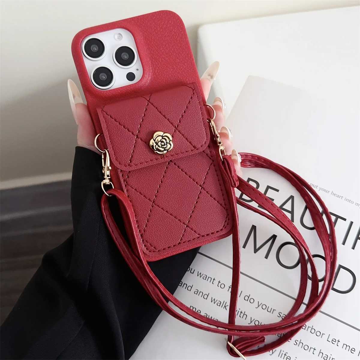 Luxury Camellia Quilted Wallet Crossbody Lanyard Phone Case For iPhone 16 15 14 13 12 Pro Max 11 Plus | 3D Flower Card Slot Protective CoverT260305