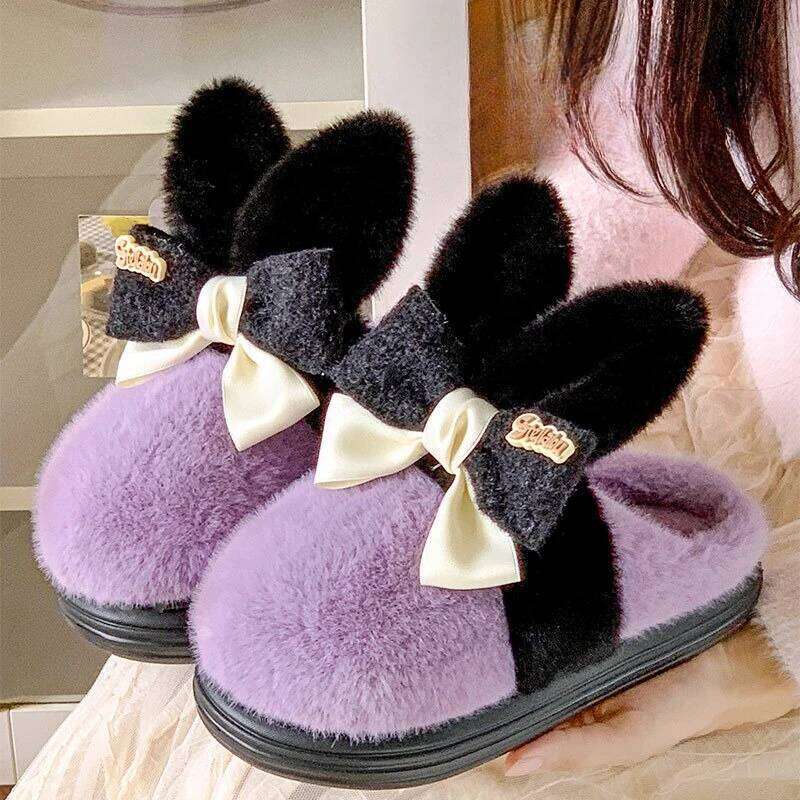 Cute Cotton Slippers For Women Winter House Shoes Funny Rabbit Ear , Warm Plush,Anti-slip, Girls Home Floor Fluffy Slides