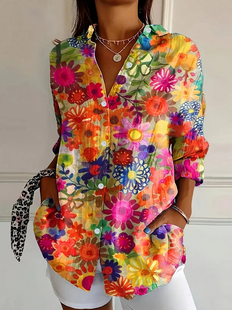 Plus Size Crushed Printed Button Casual Shirt Single Row Home Fashion Basic Versatile Tshirt 260228
