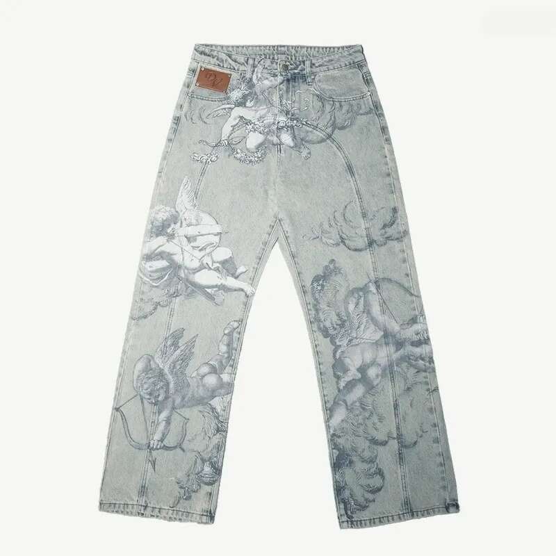 Men's Jeans Vintage Baggy Angel Cupid Pattern Men Women Trousers High Street Hip Hop Streetwear Unisex Casual Straight Leg Men's Clothing
