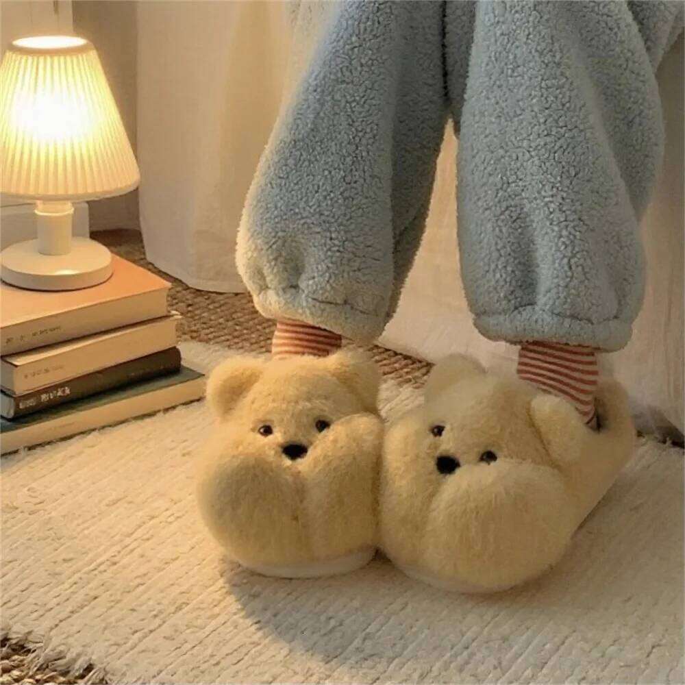 Indoor Furry Slippers For Women Men Cute Cartoon Fat Bear Winter House Shoes Warm Plush Anti-slip Couples Home Cotton Slipper