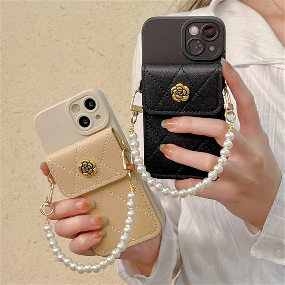 Korean Style 3D Camellia Quilted Card Bag Phone Case with Pearl Chain For iPhone 15 14 Pro Max 13 12 11 X XR 8 Plus | Shockproof Silicone CoverT260305